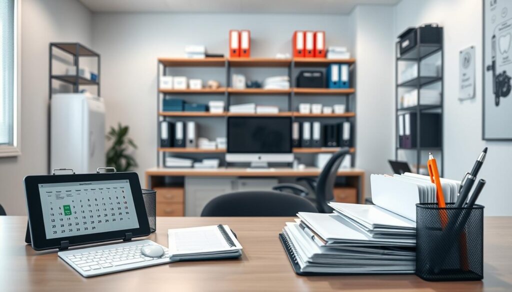A well-organized and efficiently-designed office for dental practice management. In the foreground, an array of essential tools including a tablet, calendar, file folders, and a pen holder. In the middle ground, a sleek and modern desk with a computer monitor and keyboard. The background features shelves stocked with binders, medical supplies, and other organizational items. Soft, directional lighting illuminates the space, creating a professional and streamlined atmosphere. The overall composition conveys a sense of order, productivity, and attention to detail - the hallmarks of a successful dental practice management workflow.