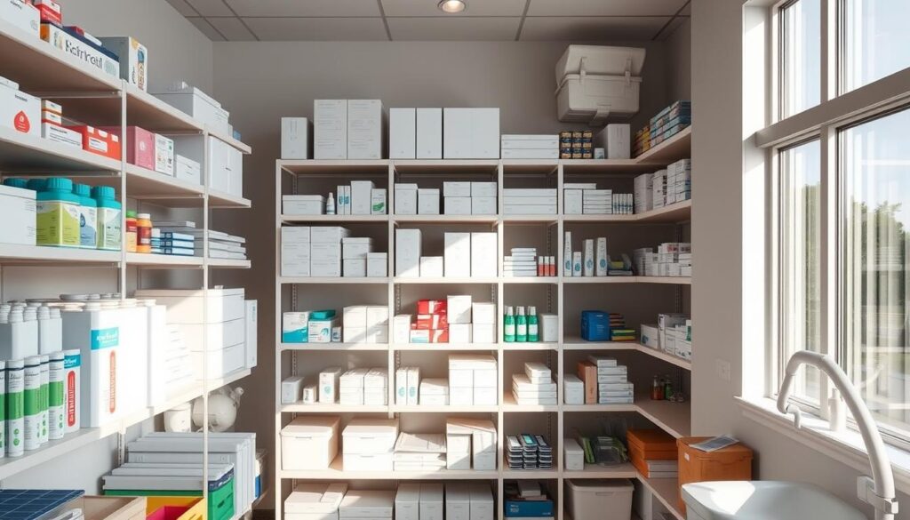 A well-organized and efficiently managed dental clinic storeroom, illuminated by soft, natural lighting from large windows. Neatly arranged shelves display a variety of dental supplies, equipment, and materials, including boxes, bottles, and packages in a range of colors and sizes. The space has a clean, professional atmosphere, with a focus on organization and accessibility to support the dental practice's daily operations. The layout allows for easy inventory tracking and restocking, ensuring the clinic is always prepared to provide high-quality patient care.