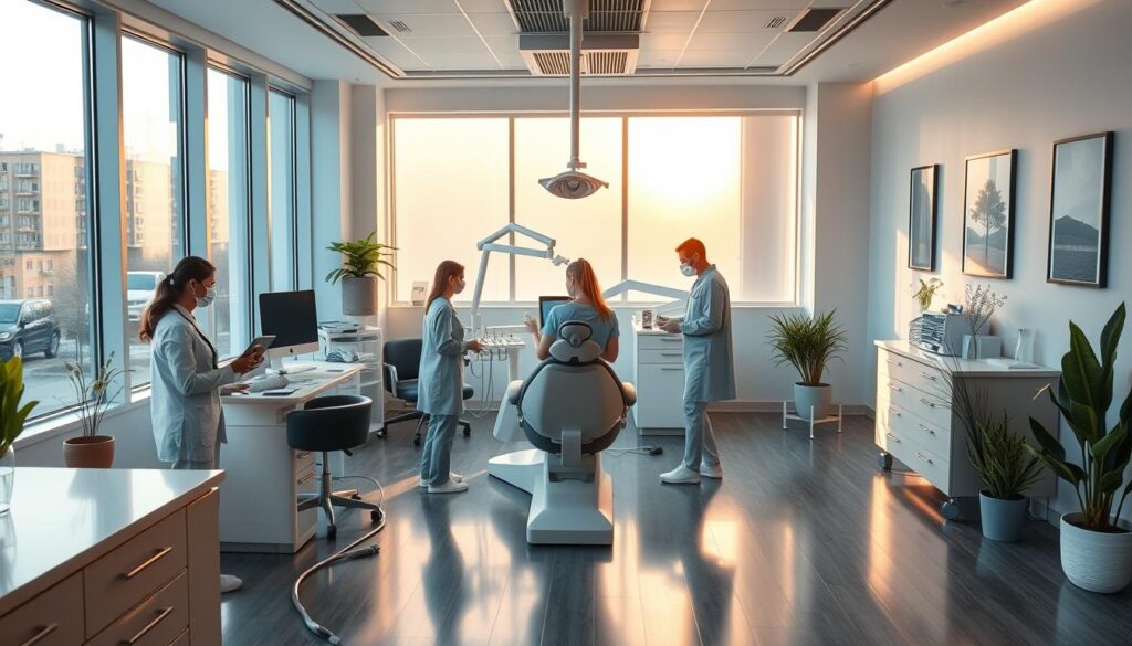 A well-organized and meticulously designed dental clinic, illuminated by warm and inviting natural lighting that filters through large windows. In the foreground, a team of dental professionals - a dentist, dental hygienist, and receptionist - engaging with patients and managing administrative tasks. The middle ground showcases a state-of-the-art dental examination room, equipped with modern dental chairs, instruments, and technology. In the background, a minimalist and calming decor palette of soothing blues and grays, complemented by potted plants and subtle artwork, creating a tranquil and professional atmosphere. The entire scene conveys the importance of efficient dental practice management, ensuring a positive and streamlined experience for both patients and staff.