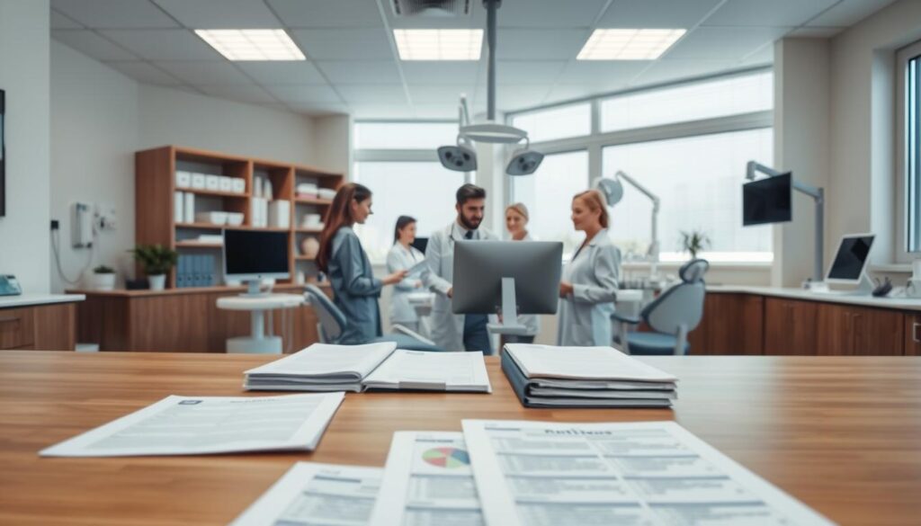 A well-organized and well-lit dental clinic office interior, with a large wooden desk in the foreground displaying various medical reports and folders. In the middle ground, a team of dental professionals gathered around a computer screen, reviewing patient data and discussing treatment plans. The background features modern dental equipment, shelves with medical supplies, and large windows allowing natural light to flood the space, creating a professional and reassuring atmosphere.