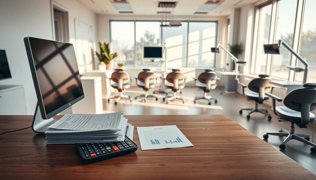 A well-organized dental clinic office with a clean, modern aesthetic. In the foreground, a wooden desk with a desktop computer, a stack of financial documents, and a calculator. The middle ground features rows of patient chairs and medical equipment, all neatly arranged. The background showcases large windows allowing natural light to flood the space, creating a bright, inviting atmosphere. The lighting is soft and diffused, casting warm shadows across the scene. The composition is balanced, highlighting the importance of efficient financial management within the dental practice.