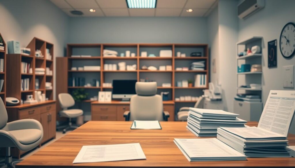 A well-organized dental clinic office with a focus on financial management. A spacious room with a large wooden desk, computer, and financial documents neatly arranged. Soft, warm lighting illuminates the scene, conveying a sense of professionalism and attention to detail. In the background, shelves display medical equipment and supplies, reflecting the clinic's commitment to patient care. The overall mood is one of efficiency, control, and a methodical approach to financial accounting.