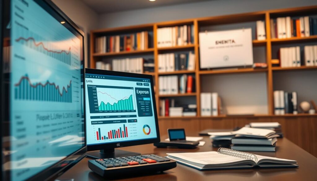 A well-organized dental clinic office, with a modern and professional atmosphere. In the foreground, a computer screen displays financial data, charts, and reports, reflecting the clinic's meticulous financial management. In the middle ground, a desk with a calculator, ledger, and other accounting tools, indicating the hands-on approach to tracking expenses and revenue. The background features bookshelves filled with medical journals and reference materials, conveying the clinic's commitment to evidence-based practices. The lighting is warm and inviting, creating a sense of efficiency and attention to detail. The overall composition suggests a harmonious balance between clinical expertise and sound financial stewardship, the cornerstones of successful dental practice management.
