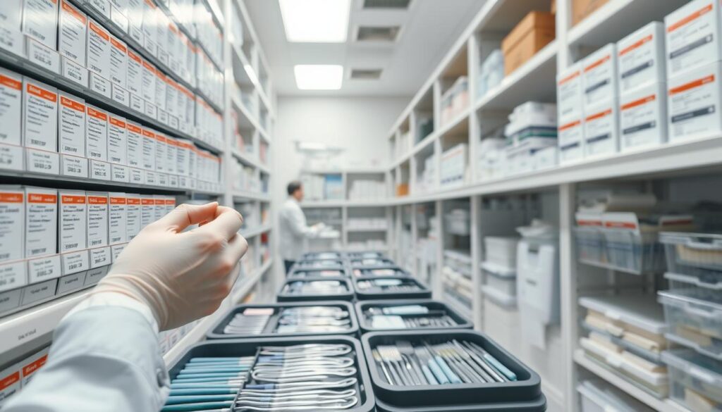 A well-organized dental clinic stock management system, with meticulously labeled shelves and organized supplies. The foreground features a clinician's hand carefully inspecting inventory, while the middle ground showcases trays of neatly arranged dental tools and materials. The background depicts a clean, modern clinic setting, with soft, even lighting and a calming atmosphere. The overall scene conveys a sense of efficiency, attention to detail, and a commitment to maintaining a well-stocked, properly managed dental practice.