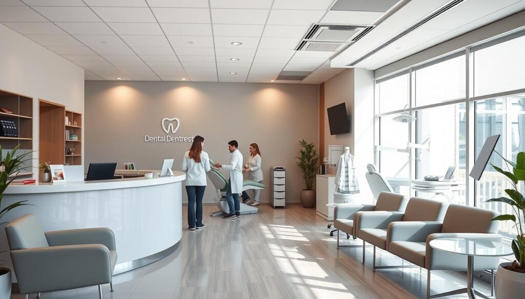 A well-organized dental clinic with a professional management team. The reception area features a modern, minimalist design with natural lighting and comfortable seating. In the background, a team of dental specialists collaborate in a state-of-the-art treatment room, utilizing the latest technology and equipment. The clinic's branding and signage convey a sense of trust, reliability, and attention to detail. The overall atmosphere radiates an efficient, patient-centric approach to dental healthcare, highlighting the benefits of effective practice management.
