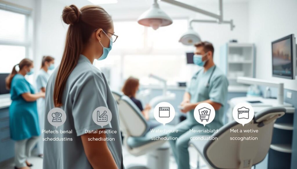 A well-organized dental clinic, with modern equipment and efficient management practices. In the foreground, a team of dental professionals collaborating to provide high-quality patient care. In the middle ground, a detailed illustration of the key advantages of dental practice management, such as improved scheduling, billing, and record-keeping. In the background, a serene, professional atmosphere with clean lines and soothing colors, conveying a sense of trust and reliability. Soft, natural lighting highlights the clinical environment, creating a welcoming and comfortable space for patients. The overall composition emphasizes the benefits of effective dental practice management, showcasing how it can lead to enhanced patient satisfaction, increased productivity, and a thriving dental business.