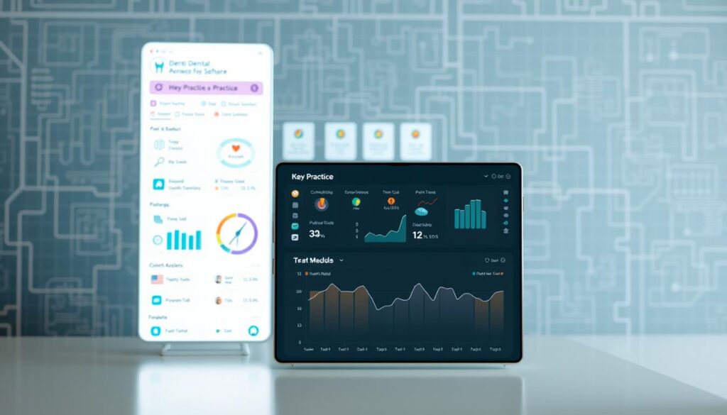 A well-organized dental management software system with a clean, modern interface. The foreground showcases the main dashboard displaying key practice metrics and patient data. In the middle ground, various modules are visible, including scheduling, billing, and electronic health records. The background features a subtle blueprint-style pattern, suggesting the technical underpinnings of the system. The lighting is soft and diffused, creating a professional and trustworthy atmosphere. The composition is balanced, with a clear focal point and ample negative space to emphasize the modular design.