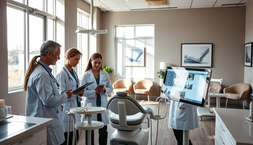 A well-organized dental office, illuminated by natural light streaming through large windows. In the foreground, a team of medical professionals engaged in a meeting, discussing patient records and schedules on a sleek touchscreen display. The middle ground features modern medical equipment and neatly arranged supplies, conveying a sense of efficiency and attention to detail. In the background, a serene waiting area with comfortable chairs and calming artwork, creating a welcoming atmosphere for patients. The overall scene emphasizes the importance of effective management in maintaining a professional, high-quality dental practice.