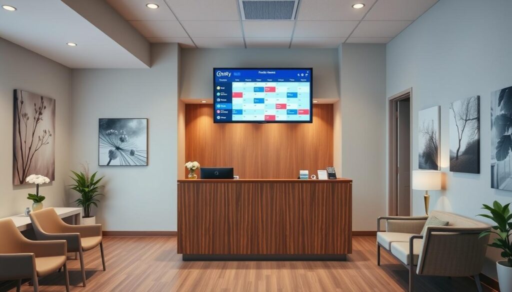 A well-organized dental office reception with a clean, modern design. In the foreground, a sleek wooden reception desk and a warm, inviting seating area with comfortable chairs. In the middle ground, a large digital display showcasing the day's appointment schedule, color-coded for easy navigation. The background features soothing pastel walls, calming nature-inspired artwork, and subtle mood lighting that creates a relaxing atmosphere. The overall scene conveys a sense of professionalism, efficiency, and patient-centric care, reflecting the optimal scheduling and workflow of a dental practice.