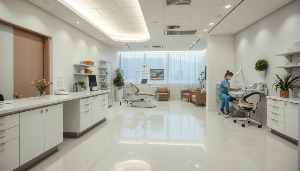 A well-organized dental office with efficient workflow. A minimalist reception area with clean lines and soft lighting, leading to an organized treatment room with neatly arranged dental equipment, sterilization station, and a focused dental hygienist tending to a patient. In the background, a tranquil waiting area with comfortable seating and soothing decor. The overall scene conveys a sense of professionalism, attention to detail, and patient-centric care.