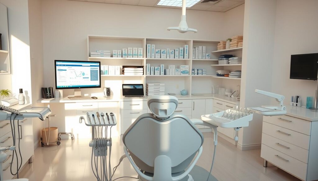 A well-organized dental office with modern equipment and tools, neatly arranged on clean, bright surfaces. In the foreground, a dental chair and a variety of specialized instruments, conveying a sense of professionalism and attention to detail. In the middle ground, a computer workstation with dental management software displayed, highlighting the technological aspects of dental practice management. The background features clean, minimalist white walls and shelves stocked with organized dental supplies, creating an efficient and orderly atmosphere. Warm, natural lighting illuminates the scene, suggesting a welcoming and comfortable environment for patients. The overall impression is one of a well-run, sophisticated dental practice focused on effective management and patient care.