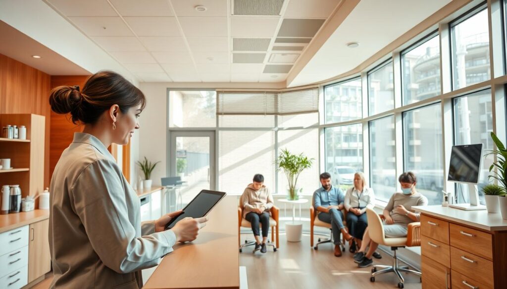 A well-organized dental reception area with patients waiting patiently. The receptionist efficiently manages patient check-in using a digital tablet. The room is bright and airy, with large windows allowing natural light to flood the space. Warm, earthy tones create a calming atmosphere. Medical equipment and supplies are neatly organized, conveying a sense of professionalism. The layout is designed to minimize congestion and maximize patient flow, optimizing time management. A modern, minimalist aesthetic permeates the scene, reflecting the clinic's commitment to efficiency and patient-centric care.