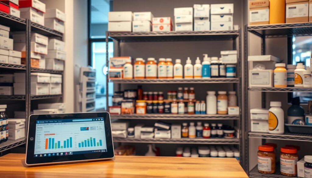 A well-organized dental supply inventory with precision-stacked boxes, bottles, and jars arranged on sturdy metal shelves. Warm ambient lighting casts a soft glow, highlighting the neat labeling and color-coded organization system. In the foreground, a tablet computer displays inventory analytics, while in the background, a window overlooks a bustling dental clinic. The overall atmosphere conveys a sense of efficiency, control, and professionalism befitting a comprehensive dental practice management strategy.