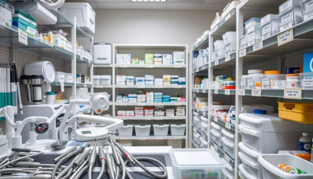 A well-organized dental supply storage room with clear shelving and labeled bins. The foreground shows various dental instruments and equipment neatly arranged, such as handpieces, sterilization equipment, and dental materials. The middle ground features rows of labeled shelves stocked with dental supplies and consumables in an orderly fashion. The background showcases a clean, well-lit environment with a neutral color palette, providing a sense of professionalism and efficiency. The lighting is soft and even, accentuating the organized layout. The scene conveys a meticulous, well-managed dental inventory system that supports the smooth operation of a dental practice.