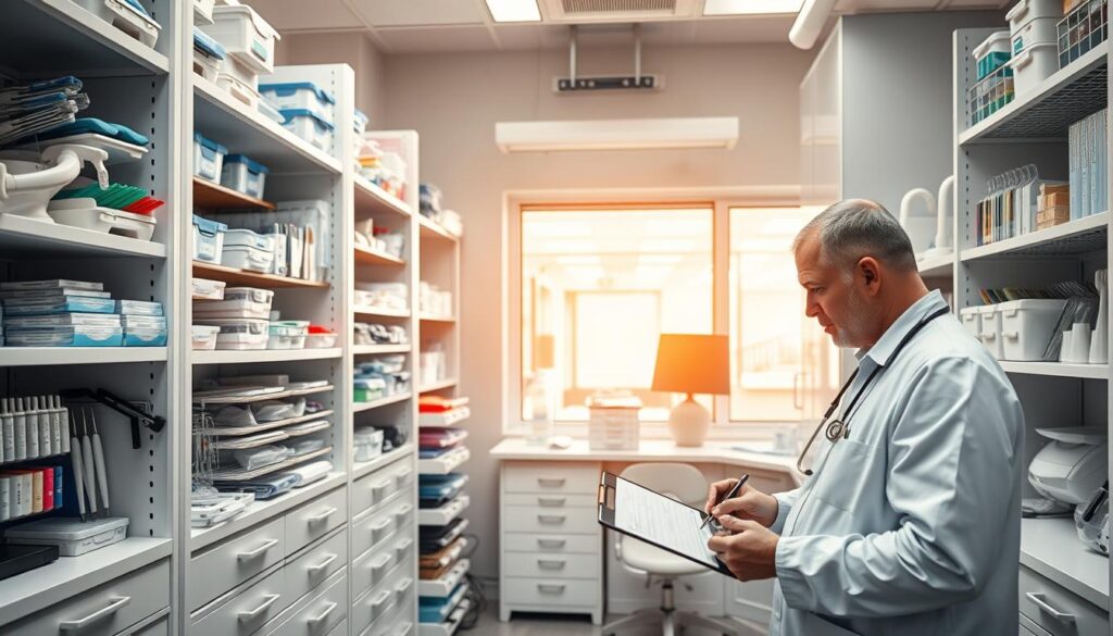 A well-organized dental supply storage room with neatly arranged shelves, drawers, and cabinents. Bright, natural lighting illuminates the space, casting a warm, professional glow. A range of dental tools, equipment, and materials are meticulously organized, each item in its designated spot. The room has a clean, sterile appearance, reflecting the meticulous care taken in maintaining inventory. In the foreground, a dentist is carefully checking stock levels and making notes in a clipboard. The middle ground showcases the organized shelving system, while the background features additional storage areas and a window overlooking a modern dental office.