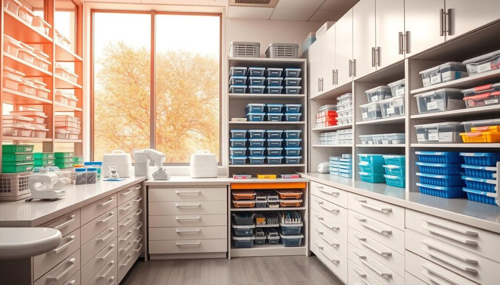 A well-organized dental supply storage room with neatly arranged shelves, drawers, and cabinets. The room is brightly lit with warm, natural lighting filtering through large windows, casting a soft glow on the meticulously organized dental supplies. Rows of labeled storage containers, color-coded trays, and organized inventory management systems are visible, conveying a sense of efficiency and attention to detail. The overall atmosphere is one of calm, professional organization, reflecting the importance of proper stock management in a successful dental practice.