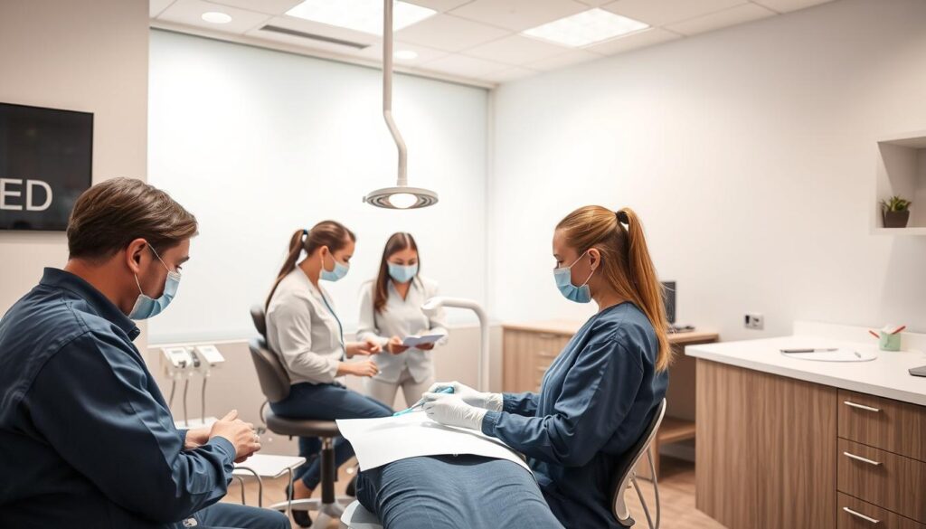 A well-organized dental team working together in a modern, well-lit clinic. In the foreground, a dentist and dental assistant collaborate closely, performing a procedure with precision and care. In the middle ground, a dental hygienist educates a patient on proper oral hygiene, while in the background, a receptionist manages administrative tasks efficiently. The clinic's sleek, minimalist design and soothing color palette create a calming, professional atmosphere. Soft, directional lighting highlights the team's expertise and the clinic's state-of-the-art equipment. The overall scene conveys a sense of teamwork, attention to detail, and a commitment to patient-centric care.