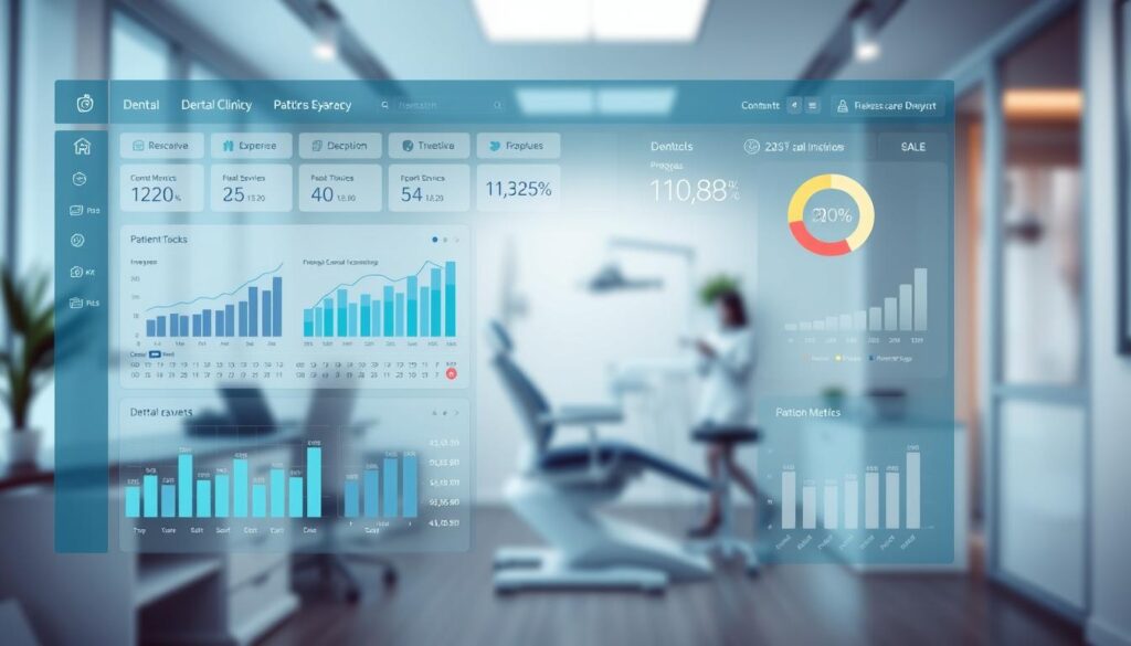 A well-organized financial control dashboard for a dental clinic, showcasing key financial metrics and insights. The foreground features a sleek, modern interface with charts, graphs, and data visualizations displaying revenue, expenses, patient bookings, and other KPIs. The middle ground depicts a stylized dental chair and equipment, subtly alluding to the clinic's core services. The background is a softly blurred, minimalist office setting, conveying a sense of professionalism and attention to detail. The lighting is clean and uniform, with a touch of dramatic shadows to add depth and dimensionality. The overall mood is one of clarity, control, and data-driven decision-making - the foundation of a sustainable dental practice.