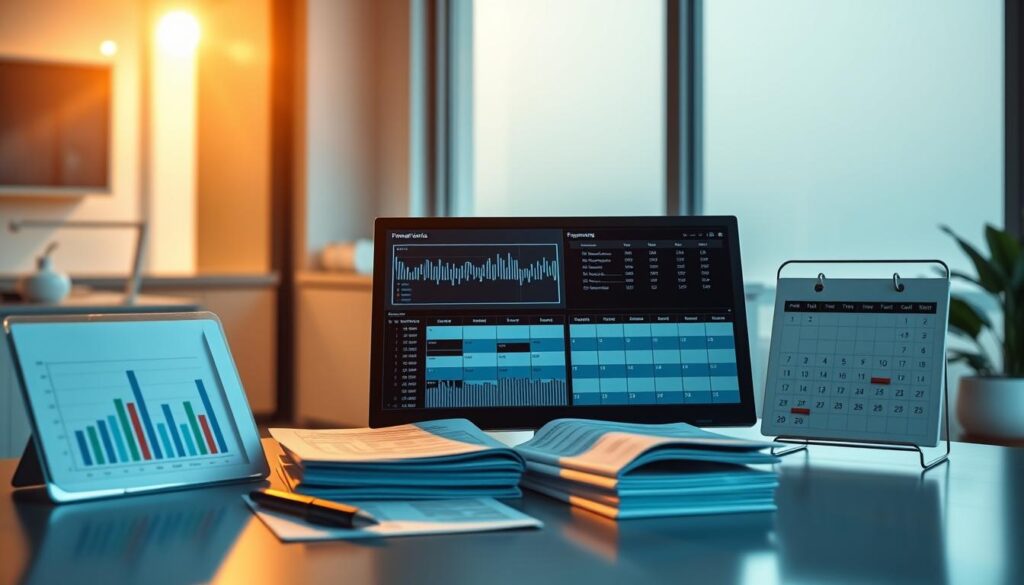 A well-organized financial control system for a dental clinic, with a tidy desktop display showcasing revenue charts, expense tracking sheets, and a calendar scheduling appointments. The scene is illuminated by warm, natural lighting from a large window, casting a soft glow over the meticulously organized documents and digital displays. In the background, a minimalist clinic interior with clean lines and muted colors, reflecting a professional and efficient atmosphere. The overall composition conveys a sense of financial stability, data-driven decision making, and a commitment to sound management practices essential for a thriving dental practice.
