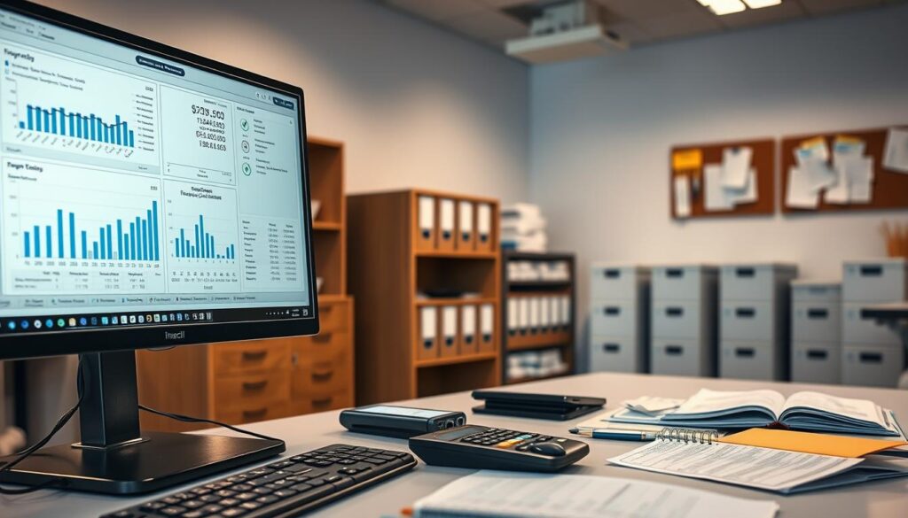 A well-organized financial control system for a modern dental clinic. In the foreground, a computer screen displays detailed financial reports, charts, and analytics. The middle ground features a desk with a calculator, ledger, and other accounting tools. In the background, filing cabinets, bookcases, and a bulletin board showcase the comprehensive administrative infrastructure. The lighting is warm and professional, with a touch of minimalism that conveys a sense of efficiency and control. The overall atmosphere exudes a balanced blend of technology, organization, and fiscal responsibility, reflecting the essential elements of successful dental practice management.