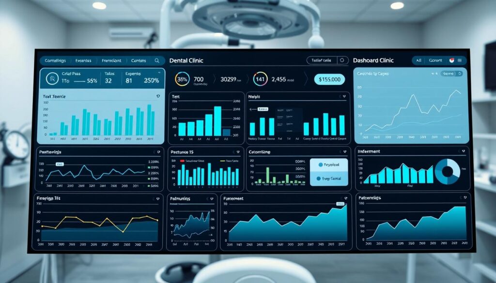 A well-organized financial dashboard for a dental clinic, featuring a clean and minimal design. The foreground displays a series of charts, graphs, and financial metrics tracking key performance indicators such as revenue, expenses, and profitability. The middle ground showcases an intuitive user interface with interactive data visualizations, allowing clinic managers to easily monitor and analyze their financial data. The background subtly suggests a professional and sophisticated medical setting, with subtle hints of dental equipment and tools. The lighting is soft and diffused, creating a calming and authoritative atmosphere that inspires confidence in the clinic's financial stability and sustainability.