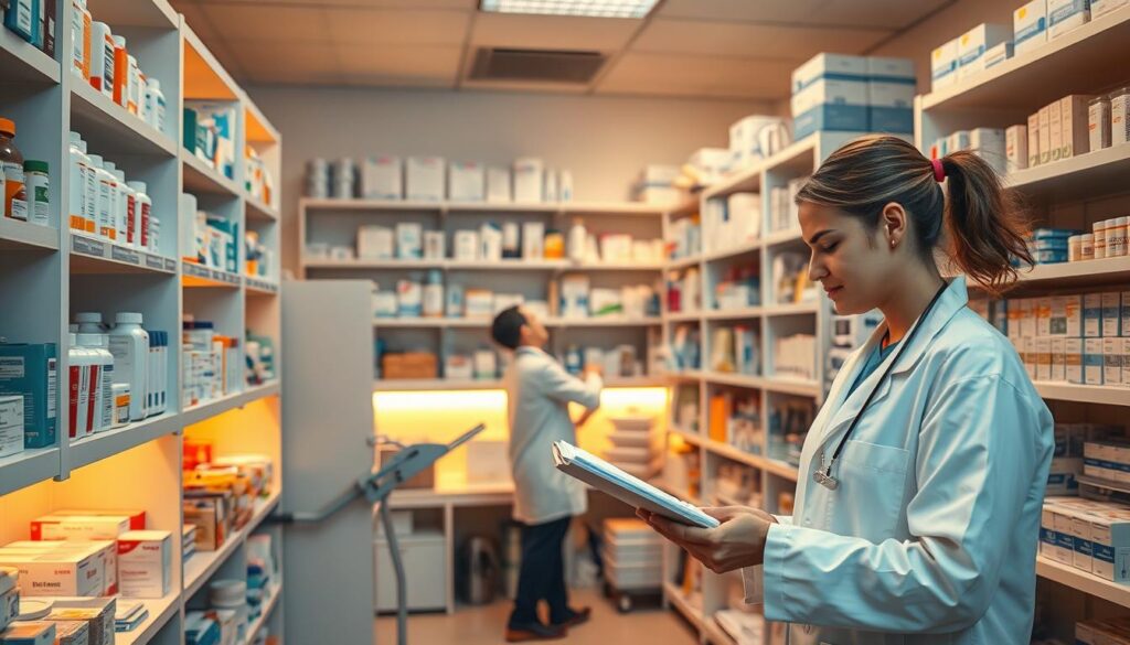 A well-organized medical clinic storeroom with neatly arranged shelves and cabinets displaying a variety of pharmaceutical supplies, medications, and medical equipment. The lighting is warm and inviting, casting a soft glow over the meticulously labeled inventory. In the foreground, a pharmacist in a pristine white lab coat is carefully reviewing a clipboard, maintaining precise records of stock levels and recent orders. The middle ground features a technician restocking shelves, ensuring a continuous and reliable supply of essential items. The background showcases the clinic's efficient workflow, with doctors and nurses efficiently retrieving the necessary materials for patient care. The overall atmosphere conveys a sense of professionalism, organization, and dedication to providing the highest quality medical services.
