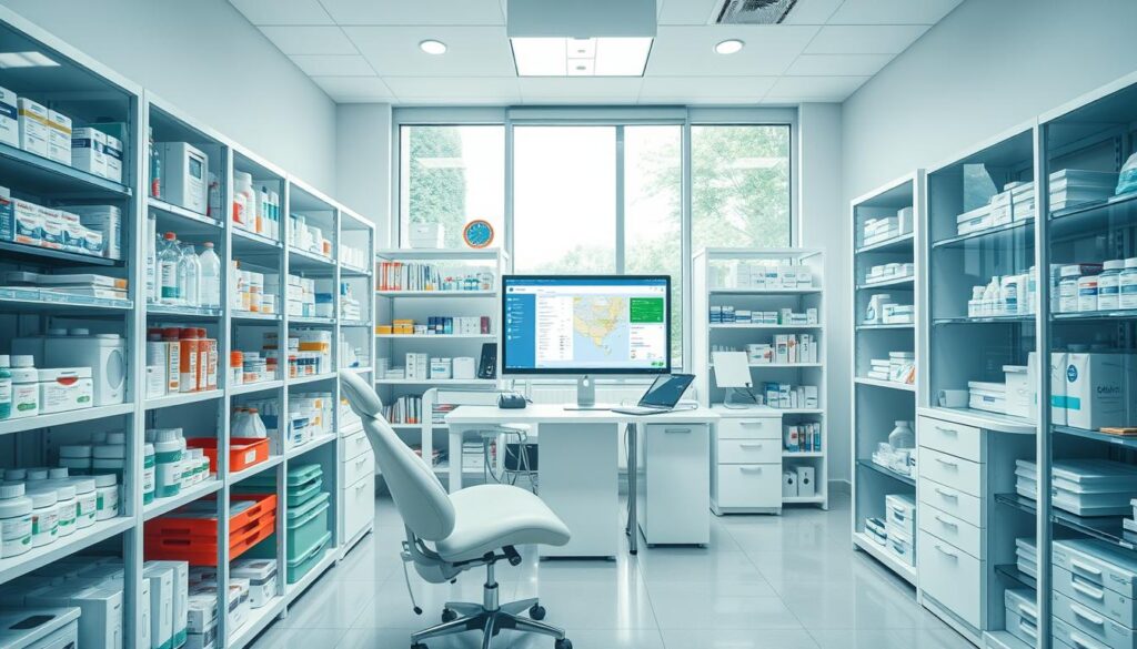 A well-organized modern dental office with an efficiently managed stock room. In the foreground, neatly organized shelves and cabinets display an array of medical supplies, medications, and equipment. The middle ground features a centralized inventory management system, with a computer displaying real-time stock levels and order tracking. The background showcases the office's clean, minimalist design, with ample natural lighting filtering in through large windows. The overall atmosphere conveys a sense of professionalism, organization, and attention to detail – essential elements for effective stock management in a dental practice.