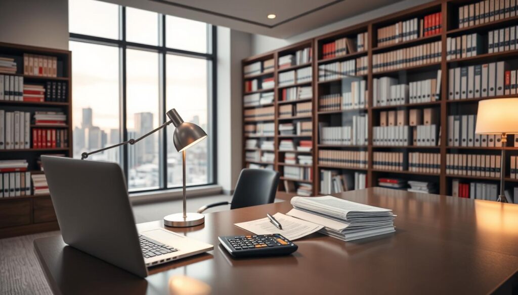 A well-organized, neatly-arranged dental office interior, with a focus on the financial management aspects. In the foreground, a professional-looking desk with a laptop, calculator, and documents neatly stacked. On the desk, a stylish desk lamp casts a warm, focused light. In the middle ground, floor-to-ceiling bookshelves filled with accounting books and financial records, conveying an atmosphere of order and control. The background features large windows overlooking a city skyline, suggesting an upscale, modern urban setting. Subtle, muted colors and clean lines create a sense of efficiency and professionalism, reflecting the careful financial management of a successful dental practice.