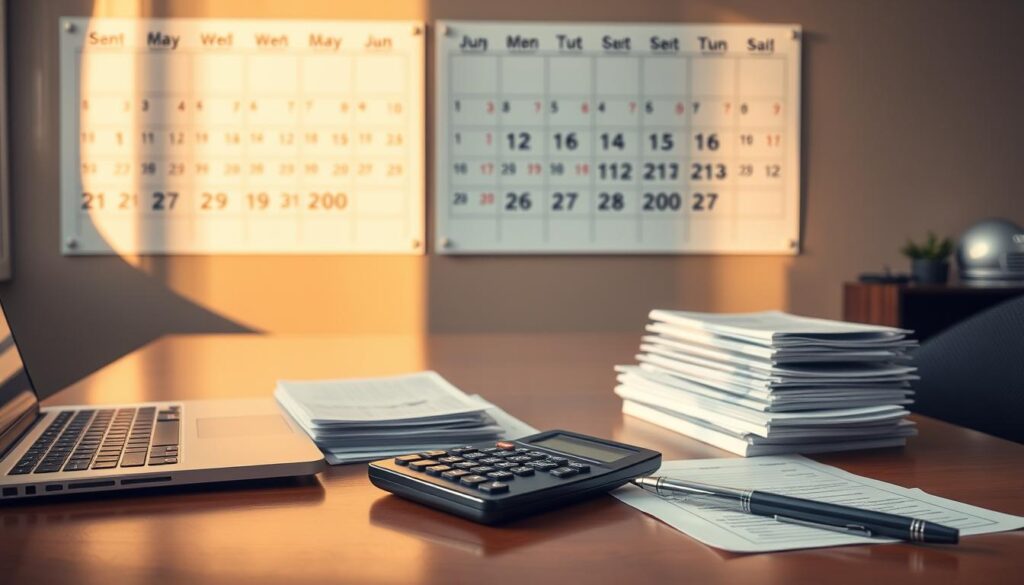A well-organized office desk with a laptop, calculator, stacks of financial documents, and a pen. The desk is bathed in warm, directional lighting, casting subtle shadows. In the background, a large wall calendar showcases the current month, highlighting important financial deadlines. The overall atmosphere exudes a sense of professionalism, organization, and attention to detail - essential elements of effective financial management.