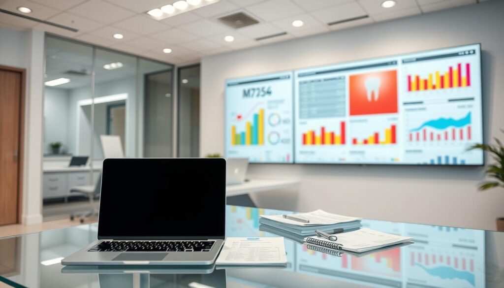 A well-organized office interior featuring a modern dental clinic finance dashboard. Bright, airy lighting illuminates a sleek glass desk with a laptop, tablet, and financial documents neatly arranged. In the background, colorful graphs and charts are displayed on a large wall-mounted monitor, providing a clear visualization of the clinic's financial data. The overall atmosphere conveys a sense of professionalism, efficiency, and attention to detail - crucial elements for effective financial management in a dental healthcare setting.