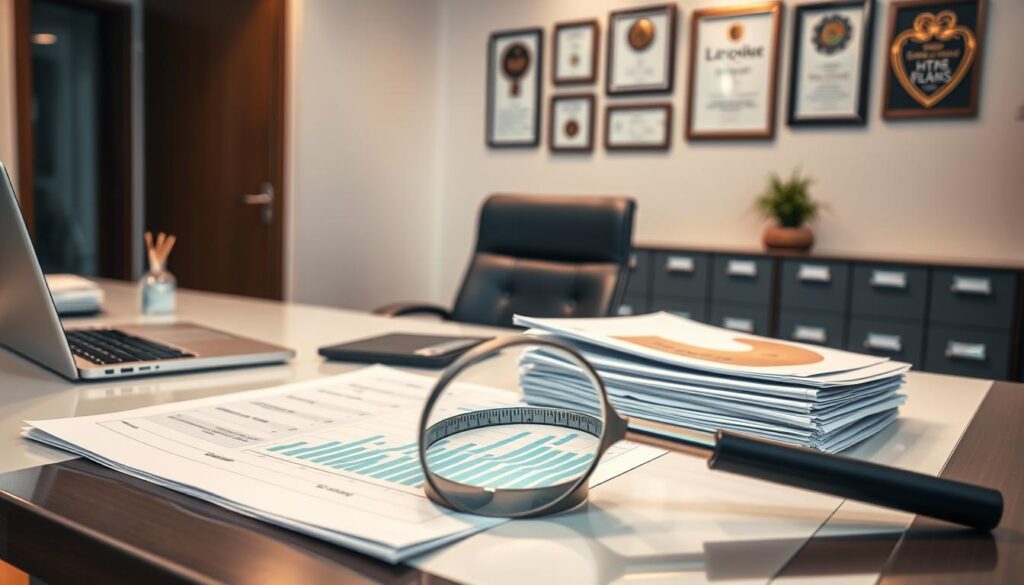 A well-organized office with a sleek, modern desk featuring a laptop, calculator, and stacks of financial documents. The foreground shows a magnifying glass hovering over a spreadsheet, symbolizing the meticulous financial analysis required in a dental clinic. The middle ground features a chair and a filing cabinet, conveying the professional, structured environment. The background depicts a wall with framed certificates and awards, highlighting the clinic's expertise and credibility. The lighting is warm and focused, creating a sense of productivity and attention to detail. The overall scene conveys an efficient and well-managed dental practice with a strong emphasis on financial control and transparency.