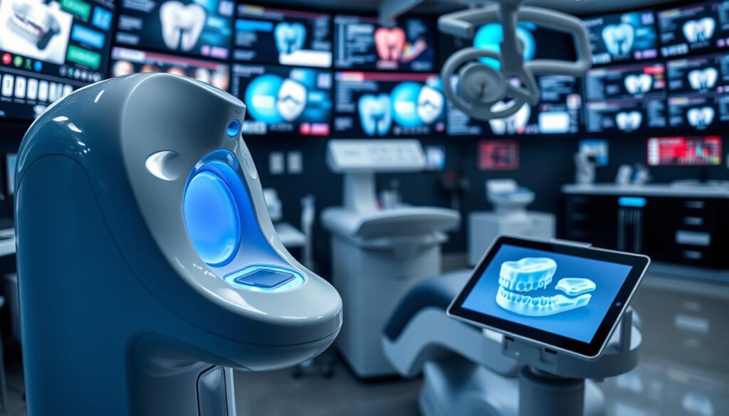 An advanced dental office, with sleek and modern technology at the forefront. In the foreground, a high-resolution dental scanner stands ready, its smooth curves and glowing interface hinting at the precision of the digital tools within. In the middle ground, a tablet displays intricate 3D models of patient teeth, the screen illuminated by cool blue light. The background is filled with a dynamic array of screens, monitoring every aspect of the clinic's operations - from patient records to appointment scheduling. The overall atmosphere is one of efficiency, innovation, and the seamless integration of cutting-edge technology into the practice of dental care.