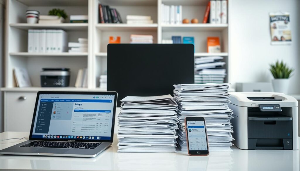 An assortment of essential dental practice management tools arranged neatly on a clean, well-lit office desk. In the foreground, a laptop, tablet, and smartphone display various software interfaces for scheduling, invoicing, and patient records. In the middle ground, a stack of organized physical files, a desktop computer, and a professional-grade printer. The background features shelves stocked with accounting ledgers, marketing brochures, and other organizational resources. The scene conveys an atmosphere of efficiency, productivity, and attention to detail - the key ingredients for effective dental practice management and marketing.