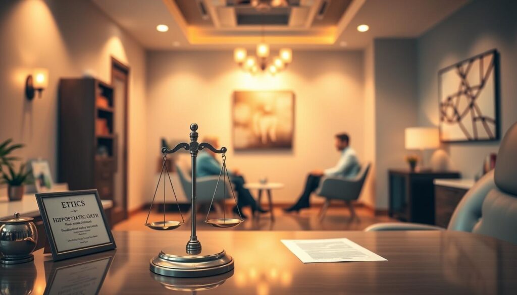An elegant dental office interior with a serene, contemplative atmosphere. The foreground features a dentist's desk adorned with symbols of ethics - a Hippocratic oath plaque, scales of justice, and a professional code of conduct. Warm, golden lighting bathes the scene, creating a sense of thoughtfulness and responsibility. In the middle ground, patients sit comfortably in chairs, engaged in conversations with the dentist. The background showcases tasteful decor and subtle, abstract artwork that evokes the themes of morality and patient-centered care. An overall sense of professionalism, transparency, and dedication to upholding the highest ethical standards in dental marketing.