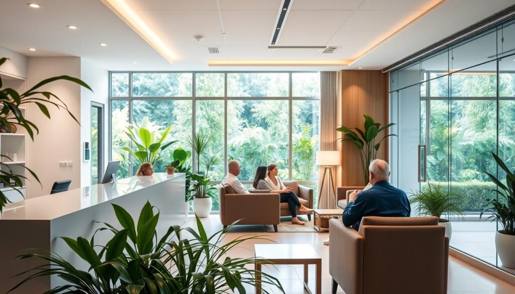 An elegant medical clinic interior, with a warm and inviting atmosphere. A receptionist desk in the foreground, surrounded by verdant plants and modern, minimalist decor. In the middle ground, patients sit comfortably in plush chairs, engaged in friendly conversation. The lighting is soft and natural, emanating a sense of care and professionalism. In the background, a large window offers a calming view of a tranquil, lush garden, symbolizing the clinic's commitment to patient well-being and long-term relationships.