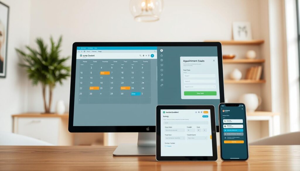 An elegant online scheduling system with a clean, intuitive interface. A modern desktop computer in the foreground, displaying a calendar and appointment booking form. In the middle ground, a tablet and smartphone showcase the responsive mobile compatibility. The background features a warm, minimalist office setting with natural lighting, soft colors, and subtle decorative elements conveying professionalism and attention to detail. The overall scene exudes efficiency, organization, and a seamless user experience, perfectly suited to modernize a dental clinic's appointment scheduling.