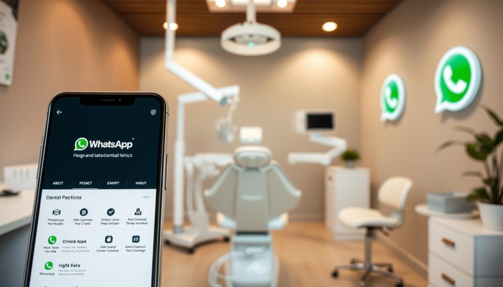 An image of a modern dentist's office, with a warm, inviting atmosphere. The foreground features a mobile phone displaying the WhatsApp interface, highlighting various features and tools tailored for dental practices, such as patient communication, appointment scheduling, and digital document sharing. The middle ground showcases a professional, well-equipped dental chair and equipment, reflecting the high-quality care offered. The background depicts a clean, minimalist office design with subtle branding elements, conveying a sense of professionalism and trust. The lighting is soft and natural, creating a calming and relaxing environment. The overall composition emphasizes the integration of WhatsApp as a powerful, free marketing tool for dental clinics.