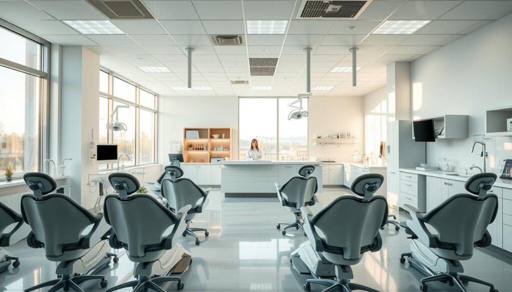 An immaculate, modern dental clinic interior with clean, minimalist design. Large windows flood the space with natural light, casting a warm, inviting glow. Sleek, ergonomic dental chairs occupy the foreground, arranged in an efficient, organized layout. In the middle ground, a reception desk with a friendly, professional staff member greets patients. The background features state-of-the-art medical equipment and supplies, neatly organized and maintained. The atmosphere conveys a sense of calm, comfort, and competence - a clinic that prioritizes both patient experience and operational efficiency.