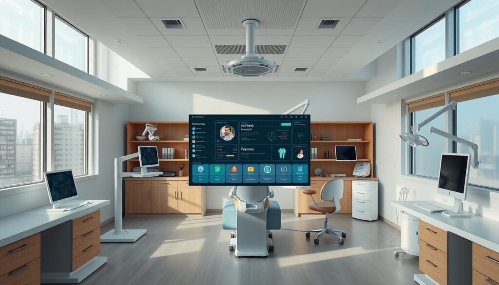 An integrated dental management system with seamless functionalities. A clean, modern interior with sleek, minimalist workstations and diagnostic equipment. Soft, natural lighting filters through large windows, creating a calming, professional atmosphere. In the center, a touchscreen display showcases intuitive software interfaces for patient records, appointment scheduling, and billing. Subtle accents of warm wood tones and muted blues evoke a sense of trustworthiness and efficiency. The layout is carefully designed to optimize workflow and patient experience. A harmonious blend of technology and human-centric design, this system embodies the ideal of affordable, high-quality dental practice management.