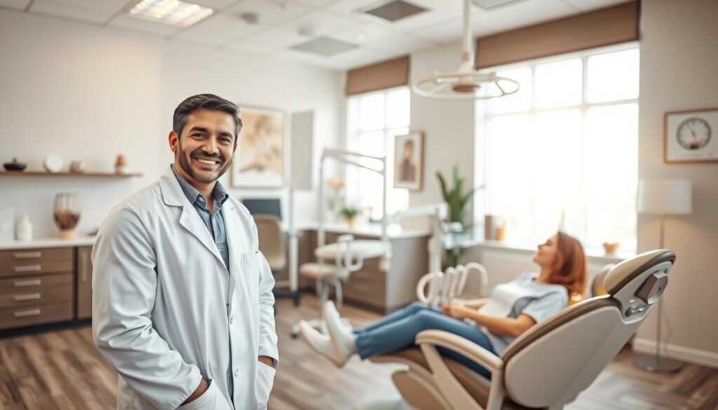 An interior scene of a modern dental office, with a welcoming atmosphere and personalized patient care. In the foreground, a smiling dentist in a white coat interacts with a patient sitting comfortably in a reclining chair. Bright, natural lighting filters through large windows, creating a calming ambiance. The middle ground features sleek, state-of-the-art dental equipment and a neatly organized workspace. The background showcases tasteful decor, with soothing earth tones and gentle accents that reinforce the clinic's professional yet personable approach to patient well-being. The overall composition conveys a sense of trust, comfort, and tailored attention to the individual's oral health needs.
