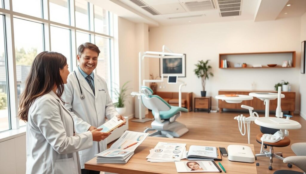 An interior scene of a modern, well-equipped dental clinic with large windows allowing natural light to flood the space. In the foreground, a friendly dentist in a white coat greets a patient while gesturing towards informative brochures and educational materials on a desk. The middle ground showcases a state-of-the-art dental chair and various dental tools, conveying the clinic's professional capabilities. The background features a warm, inviting waiting area with comfortable seating and tasteful decor, creating a calming atmosphere. The overall scene exudes a sense of trust, expertise, and patient-centric care, reflecting the benefits of free dental marketing for the clinic.