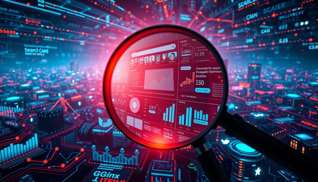 An intricate digital landscape of search engine optimization, featuring a central image of a magnifying glass scrutinizing the intricacies of a website's structure. In the foreground, a captivating array of data visualizations, analytics dashboards, and SEO metrics dance across the screen, illuminated by a warm, inviting glow. The middle ground showcases the organic growth of website traffic, with search engine result pages and social media platforms intertwining in a harmonious symphony. In the background, a vast network of interconnected servers and data centers hum with activity, symbolizing the vast infrastructure powering modern search engine algorithms. The overall atmosphere conveys a sense of exploration, discovery, and the power of optimizing your online presence for maximum visibility.