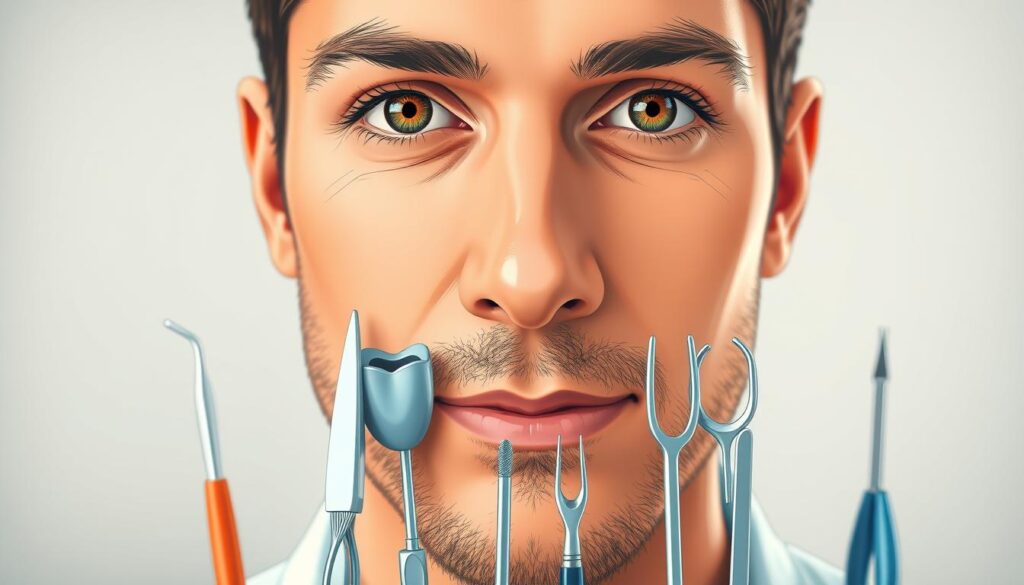An intricate illustration depicting a thoughtful dental professional's persona. A warm, well-lit close-up portrayal of a dentist's face, showcasing a focused, empathetic expression. The subject's eyes convey a sense of care and attention, drawing the viewer into a connection. The middle ground features a selection of professional dental tools and instruments, subtly hinting at the subject's expertise and dedication to their craft. The background maintains a softly blurred, neutral tone, allowing the primary focus to remain on the dentist's persona. The overall scene radiates a sense of trust, competence, and a patient-centric approach, reflecting the essence of the "Como definir sua persona odontológica" section.