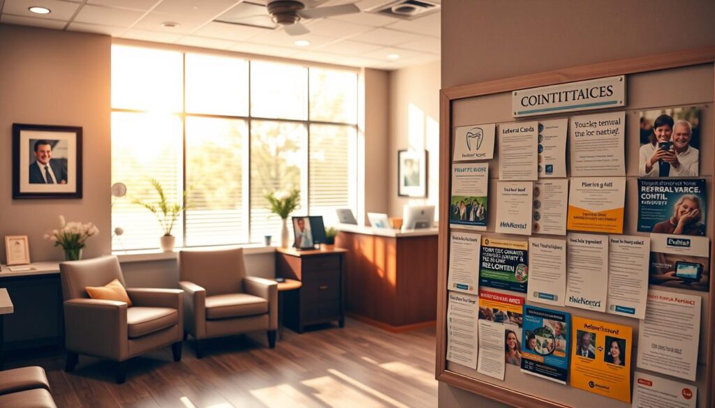 An inviting dental office lobby with comfortable seating, informative brochures, and a welcoming staff at the reception desk. Warm, natural lighting filters in through large windows, creating a calming ambiance. Tasteful decor reflects the practice's professionalism and attention to detail. In the foreground, a prominently displayed bulletin board showcases various offline marketing materials, such as event flyers, referral cards, and community engagement initiatives. The overall scene conveys a sense of trust, approachability, and a commitment to providing a positive offline experience for patients.