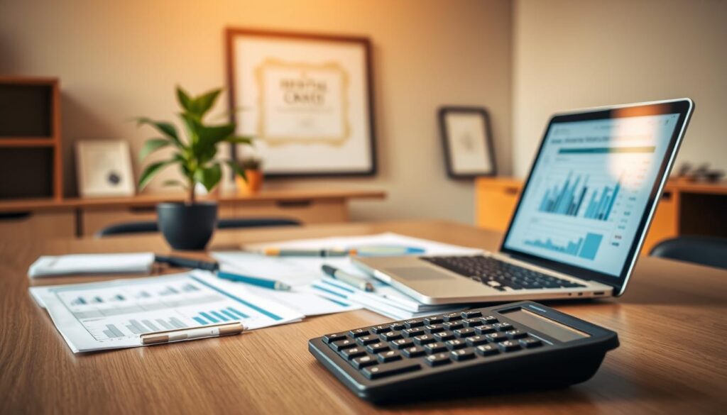 An office desk with a modern, minimalist design, showcasing various financial documents, graphs, and a laptop displaying a spreadsheet. The lighting is warm and natural, casting a professional atmosphere. In the foreground, a calculator, pens, and a stack of papers neatly organized, emphasizing the attention to detail required for effective dental practice financial management. In the middle ground, a potted plant and a framed diploma or certificate, suggesting a well-rounded, successful dental practice. The background features a neutral-colored wall, with a hint of a window or bookshelf, creating a sense of depth and a professional setting.