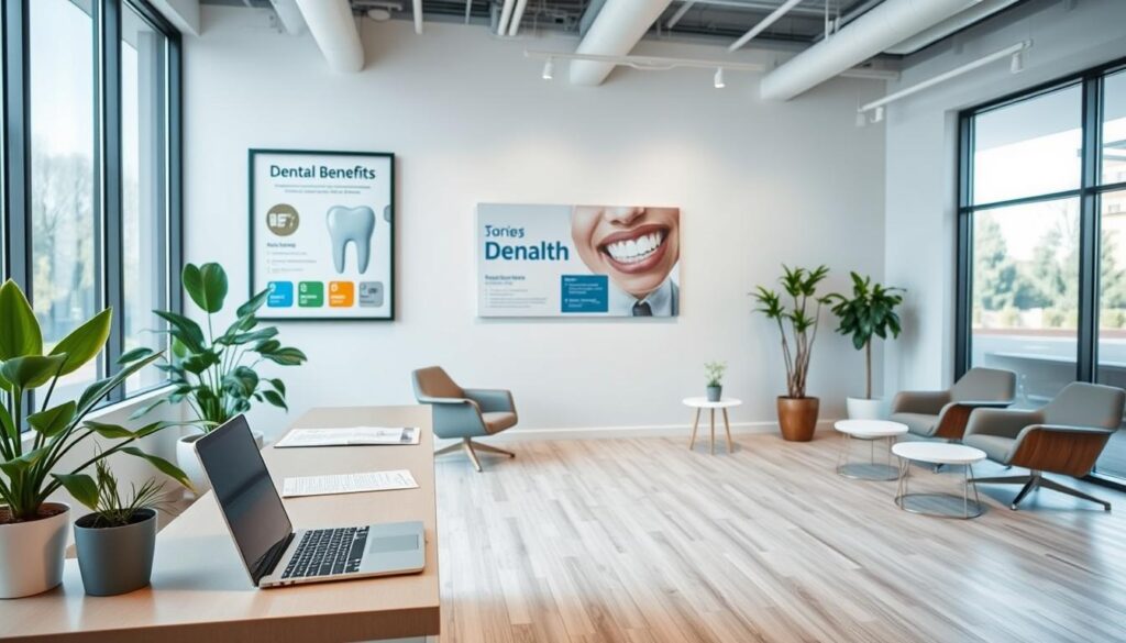 An office interior with a dentist's reception area. In the foreground, a modern, minimalist reception desk with a laptop, paperwork, and a potted plant. Behind it, the wall displays a large framed print showcasing dental health benefits and the dental practice's branding. In the middle ground, comfortable seating areas with contemporary chairs and side tables, creating a welcoming atmosphere. The background features large windows, allowing natural light to flood the space and creating a bright, airy ambiance. The overall mood is professional, clean, and visually appealing, reflecting the benefits of effective dental marketing.
