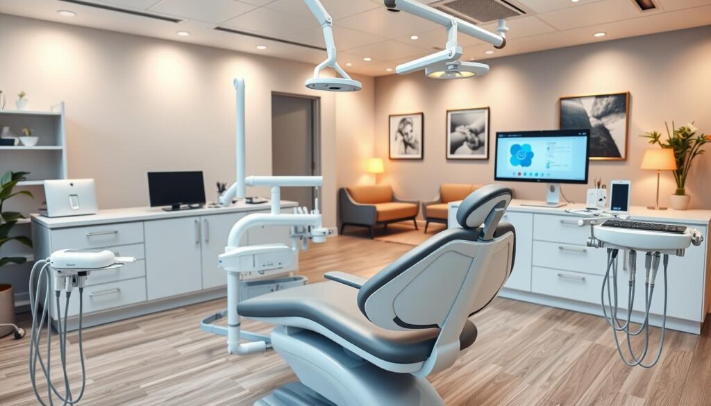 An office interior with a modern dental clinic setup. In the foreground, a sleek and minimalist dental chair with a state-of-the-art design, surrounded by cutting-edge medical equipment and instruments. The middle ground features a reception desk with a clean, professional aesthetic, adorned with a computer monitor displaying patient management software. In the background, a warm and inviting waiting area with comfortable seating, soothing lighting, and calming artwork on the walls, creating a welcoming environment for patients. The overall scene conveys a sense of efficiency, technological advancement, and a focus on patient care, reflecting the key criteria for an effective dental practice management system.