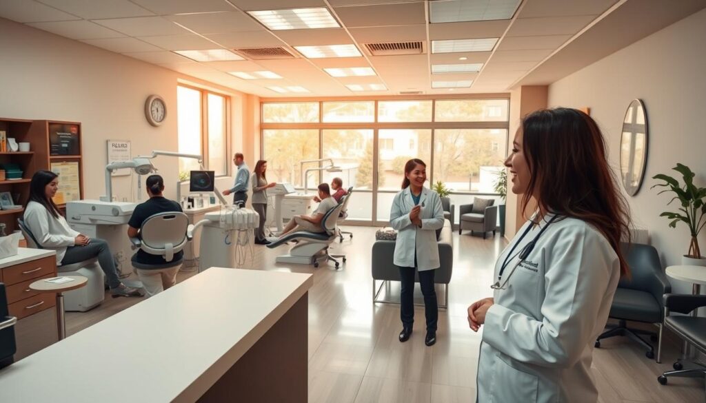 An orderly dental clinic interior with patients being attended to by attentive dentists and assistants. A reception desk in the foreground, with a friendly staff member greeting visitors. The middle ground features examination rooms with state-of-the-art equipment, while the background showcases a clean, modern waiting area with comfortable seating. Warm, natural lighting filters through large windows, creating a calming, professional atmosphere. Subtle signage and branding elements throughout convey a sense of efficiency and patient-centered care. The overall scene reflects a well-managed, patient-focused dental practice.
