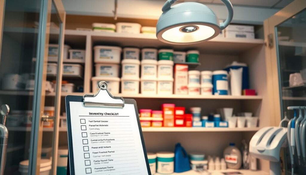 An organized and well-stocked dental supply cabinet, its shelves filled with a variety of essential items. Overhead lighting casts a warm, professional glow, illuminating the meticulously labeled containers, neatly arranged to optimize efficiency. In the foreground, a clipboard with a checklist, a symbol of the diligent inventory management process. The background showcases clinical tools and equipment, subtly hinting at the broader context of a dental practice. The image conveys a sense of control, organization, and attention to detail - the hallmarks of effective inventory management in the dental field.