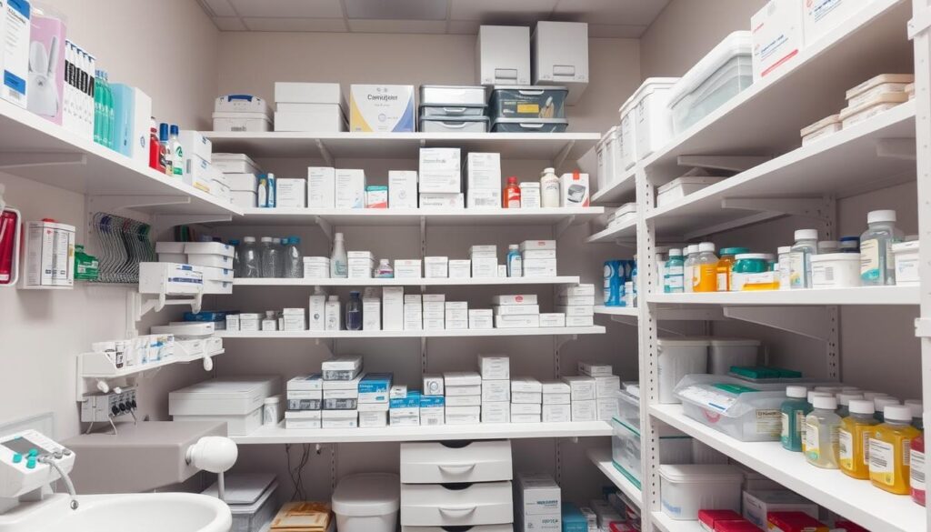 An organized dental supply storage room, with various medical equipment, tools, and medications neatly arranged on clean shelves. The lighting is soft and even, creating a calming, professional atmosphere. The camera angle is slightly elevated, allowing a comprehensive view of the well-stocked inventory. Rows of labeled boxes, bottles, and containers suggest a meticulous system of organization and inventory control. The overall impression is one of efficiency, precision, and a commitment to providing high-quality dental care.